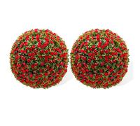 Artificial Topiary Balls, Set of 2 Artificial Rose Topiary Balls, 40cm Faux Leaf Hanging Ornaments w/Pre-Attached Chain, UVProtected Indoor Outdoor Hanging Decorative Faux Grass Balls w/Red Flowers