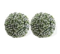 Artificial Topiary Balls, Set of 2 Artificial Rose Topiary Balls, 45cm Faux Leaf Hanging Ornaments w/Pre-Attached Chain, UVProtected Indoor Outdoor Hanging Decorative Faux Grass Balls w/White Flowers