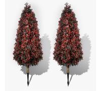 Artificial Topiary Trees 100cm, Set of 2 Fake Plants Halloween Outdoor Decor, Red Faux Plants Shrubs, Realistic Boxwood Bushes with Spike for Indoor Planter Front Door/Porch Office Thanksgiving