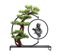 Artificial Trees Artificial Bonsai Tree Artificial Tree Decoration Fake Potted With Wrought Iron Base And Little Monk Sculpture For Modern Home Office Living Room Decor Indoor,Grey