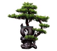 Artificial Trees Artificial Bonsai Tree With Ceramic Bottom Planter, Base And White Monk Figurine, Houseplant Faux Bonsai Tree, Zen Feng Shui Decoration Simulated Pine,Grey