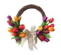Artificial Tulip Flower Wreaths 40cm, Half-Circle Spring & Summer Door Wreath with Silk Tulips, Green Leaves & Burlap Bow,Handmade Rattan Floral Wreath for Front Door, Easter Home Decor (Multicolor)