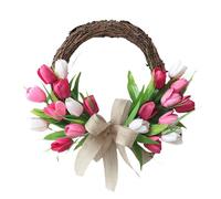 Artificial Tulip Flower Wreaths 40cm, Half-Circle Spring & Summer Door Wreath with Silk Tulips, Green Leaves & Burlap Bow,Handmade Rattan Floral Wreath for Front Door, Easter Home Decor (Pink)