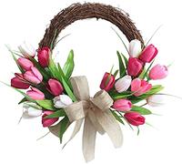 Artificial Tulip Flower Wreaths, Spring Silk Flower Wreath Tulip Front Door Wreath, for Spring Summer Winter Home Wedding Festival Decor, 15.7 inch, qzjijosen (Pink)