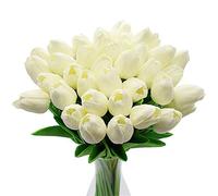 Artificial Tulip Flowers,10pcs Real Touch Latex Flower Tulips With Leaves,Elegant Decoration For Bridal Wedding Banquet Party,Home Kitchen DIY Decor (White)