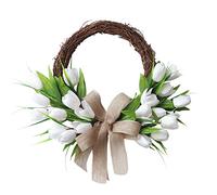 Artificial Tulip Wreath Diameter 40 cm, Half Covered Spring/summer Door Wreath, Artificial Flower Wreath, Artificial Rattan Wreath, Hanging Holiday Decoration with Green Leaves and Burlap Bow, White