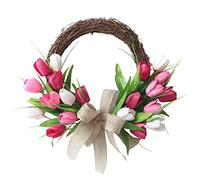 Artificial Tulip Wreath Diameter 40 cm, Half Covered Spring/summer Door Wreath, Artificial Flower Wreath, Artificial Rattan Wreath, Hanging Holiday Decoration with Green Leaves and Burlap Bow, Pink
