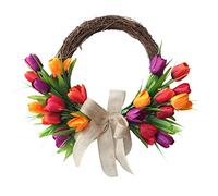 Artificial Tulip Wreath Diameter 40cm, Half Covered Spring/summer Door Wreath, Artificial Flower Wreath, Artificial Rattan Wreath,Hanging Holiday Decoration with Green Leaves and Burlap Bow, Colourful