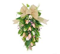 Artificial Tulip Wreath for Front Door - Spring Summer Floral Decoration with Bow - 55cm Greenery Garland for Home Wall Window