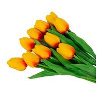 Artificial Tulips 10 Pack for Wedding Decor, Home and Living Room Decoration, Silk Flowers Bouquet for Table Centerpiece, and Realistic Floral Stems (33CM Sunset red)