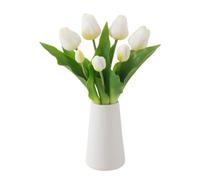 Artificial Tulips, 7 Pcs White Artificial Flowers with Ceramic Vase | Realistic Touch Latex Fake Tulips Flowers for Indoor Home Wedding Office Party Garden Decor