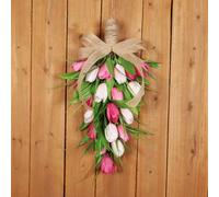 Artificial Tulips For Home Front Door Floral Teardrop Swag with Burlap Bow, Handmade and Weatherproof, for Indoor and Outdoor Use (Pink)
