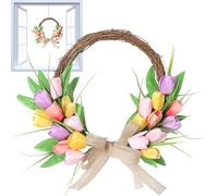 Artificial tulips Wreath, Spring Wreath, Artificial Flower Wreaths, Front Door Wreaths With Green Leaves, Elegant Seasonal Decor For Indoor Outdoor Wall Window Wedding Festival Party