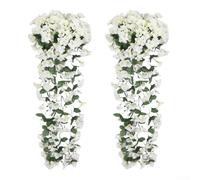 Artificial Violet Hanging Flowers 2Pcs Silk Simulation Vines with Green Leaves for Patio, Living Room, Wedding and Event Decoration (White)