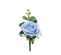 Artificial Wedding Flowers Hand-made by Petals Polly, Baby Blue Single Foam Rose Buttonhole with Eucalyptus & Gypsophila