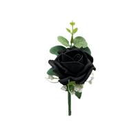 Artificial Wedding Flowers Hand-made by Petals Polly, Black Single Foam Rose Buttonhole with Eucalyptus & Gypsophila