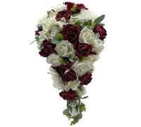 Artificial Wedding Flowers Hand-made by Petals Polly, BRIDES BOUQUET, CREAM IVORY BURGUNDY ROSES WITH RANUNCULUS & HYDRANGEA, Deep Red, Claret