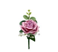 Artificial Wedding Flowers Hand-made by Petals Polly, Dusky Pink Single Foam Rose Buttonhole with Eucalyptus & Gypsophila