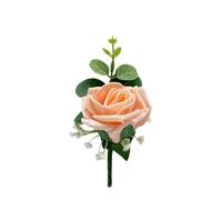 Artificial Wedding Flowers Hand-made by Petals Polly, Peach Single Foam Rose Buttonhole with Eucalyptus & Gypsophila