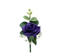 Artificial Wedding Flowers Hand-made by Petals Polly, Purple Single Foam Rose Buttonhole with Eucalyptus & Gypsophila