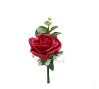 Artificial Wedding Flowers Hand-made by Petals Polly, Red Single Foam Rose Buttonhole with Eucalyptus & Gypsophila