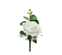 Artificial Wedding Flowers Hand-made by Petals Polly, White Single Foam Rose Buttonhole with Eucalyptus & Gypsophila