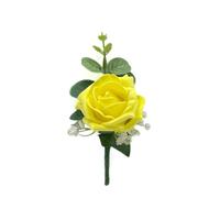 Artificial Wedding Flowers Hand-made by Petals Polly, Yellow Single Foam Rose Buttonhole with Eucalyptus & Gypsophila