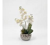 HOMESCAPES Artificial Orchid in Pot - Fake Orchid Plant that Looks Real in Silver Dappled Vase - Large Realistic Silk Flowers for Indoor Home Office Decor, Bathroom & Window Sill Decoration