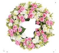 Artificial White Pink Rose Wreath 45cm Diameter Floral Door Wall Hanging Ornament for Spring Summer Weddings Mother’s Day and Home Decoration Indoor Outdoor(Powder)