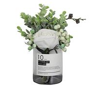 Artificial White Rose Artificial Flower with Glass Vase Set Bouquet Flowers Fake Flowers and Green Leaf Silk Flower for Home Decor Table Centerpiece Office Wedding Party Decoration (Size : Small)