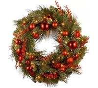 Artificial Wreath, Christmas Wreath with Lights, Pre-Lit Artificial Christmas Wreath Decorated with Berry Clusters Frosted Ornaments Christmas Decorations for Window Indoor Outdoor