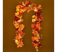 Artiflr 2 Pack Fall Garland Maple Leaf with 16.4Ft 40 LED String Light, 5.9Ft/Piece Hanging Vine Garland Artificial Autumn Foliage Garland Thanksgiving Decor for Home Wedding Fireplace Party Christmas