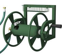 Artigarden Garden Wall Mounted Hose Reel, Outdoor Heavy-Duty Water Hose Holder Winder, Holds 125 Feet of 5/8-Inch Hose, with 3.9 ft Leader Hose, Brass Fitting and Storage Basket for Yard, Green