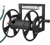 Artigarden Garden Wall Mounted Hose Reel, Outdoor Heavy-Duty Water Hose Holder Winder, Holds 125 Feet of 5/8-Inch Hose, with 3.9 ft Leader Hose, Brass Fitting and Storage Basket for Yard, Black