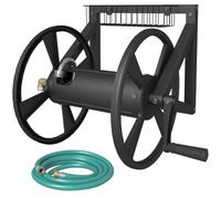 Artigarden Heavy-Duty Triangle Hosepipe Reel, Wall-Mounted Outdoor Water Hoses Holder with Crank Holds 38m of 5/8" Hose with 119cm Leader Hose, Brass Fitting, Storage Basket for Patio& Yard, Black