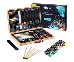 Artina 89pcs Beginner Artist Painting Set with Large Wooden Case Genova - Portable Art Studio with Wax Crayons, Coloured Pencils, Watercolours, Pastels, Brushes Drawing Set Painting