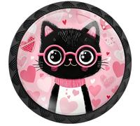 Artinhand 4 Pack Black Cat Pink Love Heart Cabinet Knobs Round Drawer Pulls Black Dresser Knob Cupboard Door Handles Hardware for Kitchen Bathroom Cabinets