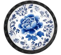 Artinhand 4 Pack Blue Peony Flower Cabinet Knobs for Kitchen Bathroom