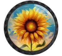 Artinhand 4 Pack Bright Sunflower Cabinet Knobs for Kitchen Bathroom | Watercolor Flower Drawer Pulls Round Black Dresser Handles Hardware for Desk Cupboard Wardrobe Closet Vanity Door Decor