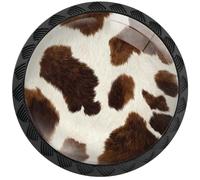 Artinhand 4 Pack Brown and White Cowhide Cabinet Knobs Round Drawer Pulls Black Dresser Knob Cupboard Door Handles Hardware for Kitchen Bathroom Cabinets