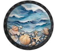Artinhand 4 Pack Coastal Blue Wave Beach Seashell Cabinet Knobs Round Drawer Pulls Ocean Style Dresser Knob Cupboard Door Handles Hardware for Kitchen Bathroom Cabinets