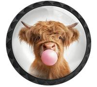 Artinhand 4 Pack Cute Highland Cow Blowing Bubble Cabinet Knobs Round Drawer Pulls Black Dresser Knob Cupboard Door Handles Hardware for Kitchen Bathroom Cabinets