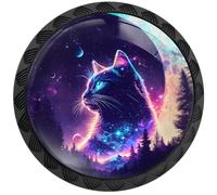 Artinhand 4 Pack Fantasy Purple Starry Sky Cat Cabinet Knobs Round Drawer Pulls Black Dresser Knob Cupboard Door Handles Hardware for Kitchen Bathroom Cabinets