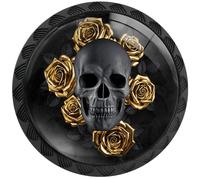 Artinhand 4 Pack Gothic Black Skull with Gold Roses Cabinet Knobs Round Drawer Pulls Black Dresser Knob Cupboard Door Handles Hardware for Kitchen Bathroom Cabinets