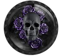 Artinhand 4 Pack Gothic Black Skull with Purple Roses Cabinet Knobs Round Drawer Pulls Black Dresser Knob Cupboard Door Handles Hardware for Kitchen Bathroom Cabinets