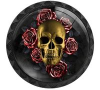 Artinhand 4 Pack Gothic Gold Skull with Red Roses Cabinet Knobs Round Drawer Pulls Black Dresser Knob Cupboard Door Handles Hardware for Kitchen Bathroom Cabinets