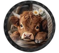 Artinhand 4 Pack Highland Cow Cabinet Knobs Round Drawer Pulls Black Dresser Knob Cupboard Door Handles Hardware for Kitchen Bathroom Cabinets