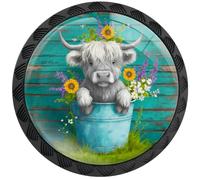 Artinhand 4 Pack Highland Cow Rustic Teal Wood Cabinet Knobs Round Drawer Pulls Black Dresser Knob Cupboard Door Handles Hardware for Kitchen Bathroom Cabinets