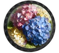 Artinhand 4 Pack Hydrangea Flowers Cabinet Knobs Round Drawer Pulls Black Dresser Knob Cupboard Door Handles Hardware for Kitchen Bathroom Cabinets