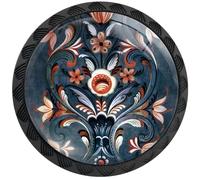 Artinhand 4 Pack Norwegian Rosemaling Folk Style Blue Flower Cabinet Knobs Round Drawer Pulls Black Dresser Knob Cupboard Door Handles Hardware for Kitchen Bathroom Cabinets